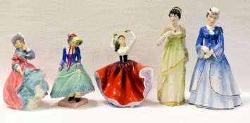 THREE ROYAL DOULTON FIGURINES AND TWO OTHERS, the Royal Doulton figures being 'Karen' HN2388, '