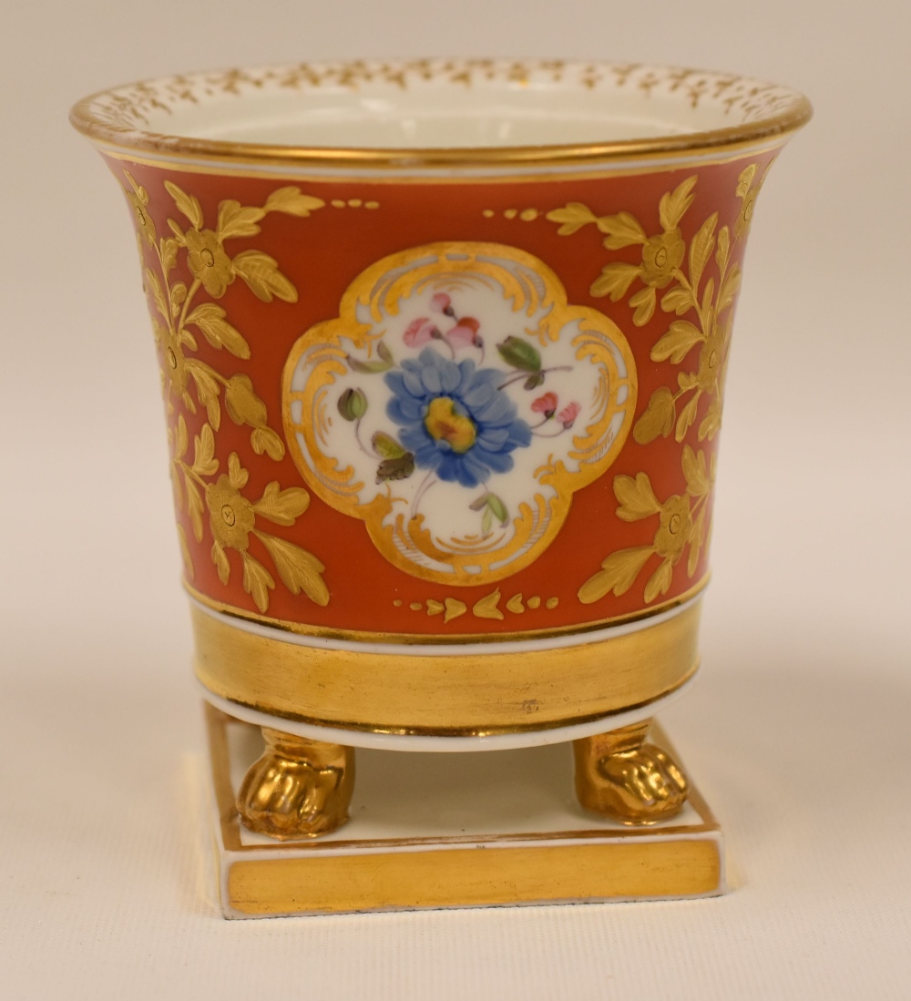 EARLY-NINETEENTH CENTURY PORCELAIN CACHE-POT ON STAND, the body raised upon a square base by four - Image 2 of 2