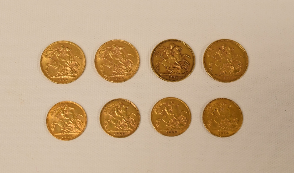 FOUR GOLD FULL-SOVEREIGNS (1876, 1895, 1914 & 1914) TOGETHER WITH FOUR GOLD HALF-SOVEREIGNS (1908,