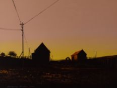 LAURENCE ROCHE oil on card - view of sheds at dusk, entitled verso 'Almost Night', signed and