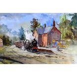 ARNOLD LAWREY watercolour - steam train leaving station, entitled verso 'Bridgenorth in the Last