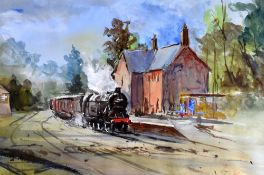 ARNOLD LAWREY watercolour - steam train leaving station, entitled verso 'Bridgenorth in the Last