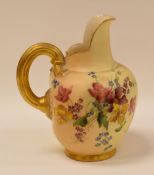 ROYAL WORCESTER 'FLAT BACK' JUG IN BLUSH IVORY PAINTED WITH FLOWERS, 13cms high, shape No.1094,