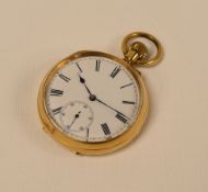 A GENTLEMAN'S 18k GOLD OPEN-FACE POCKET-WATCH with button-wind, white enamel dial with subsidiary