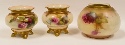 PAIR OF ROYAL WORCESTER VASES & A ROYAL WORCESTER POT-POURRI, the pair of vases on four gilded