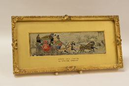 A VICTORIAN STEVENGRAPH COACHING SCENE 'GOOD OLD DAYS' in a gilt frame and entitled to the gilt slip