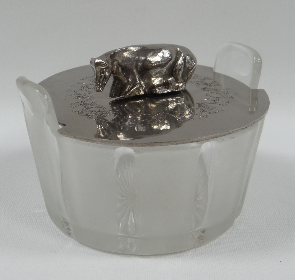A GLASS BUTTER-DISH IN THE FORM OF A TWIN-HANDLED DAIRY-PAIL with white metal lid having a handle as