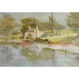 ARTHUR MILES watercolour - farm cottage and hay barn with rolling river to foreground, signed and