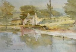 ARTHUR MILES watercolour - farm cottage and hay barn with rolling river to foreground, signed and