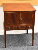 AN EDWARDIAN INLAID MAHOGANY NIGHT CABINET with boxwood stringing, two doors above three small