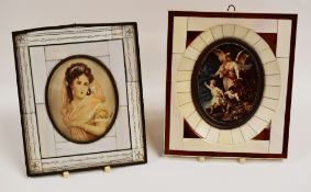 MINIATURIST painting on panel, together with a miniature print - both in ivory / bone veneer
