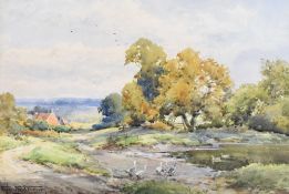 SYLVESTER STANNARD watercolour - geese walking toward a tree lined pond with farm buildings in