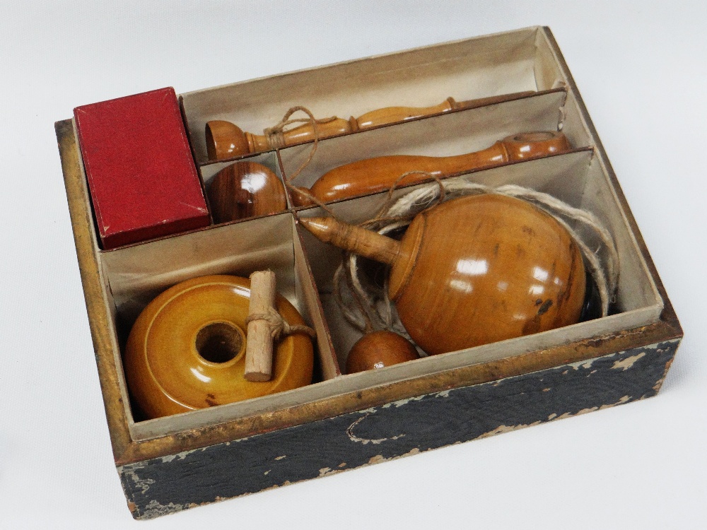 A BOXED VICTORIAN COMPENDIUM OF CHILDREN'S TOYS the wooden box with printed pictorial label to the