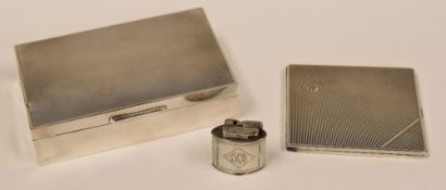 MACHINE TURNED SILVER CIGARETTE CASE, A SIMILAR CIGARETTE BOX & A SILVER LIGHTER, the cigarette case