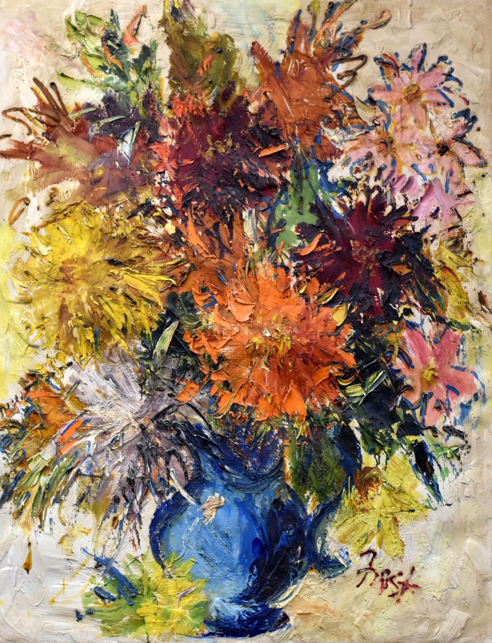 FROST oil on canvas - large colourful semi abstract still life of flowers in a blue jug, signed, 111