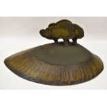STUDIO POTTERY SCULPTURE BY TREVOR WARTON tortoise-shaped with three conjoining stylised trees to