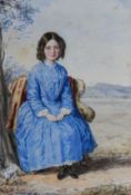 ADAM BUCK watercolour - young Georgian female sitting under tree in blue dress, inscribed verso '