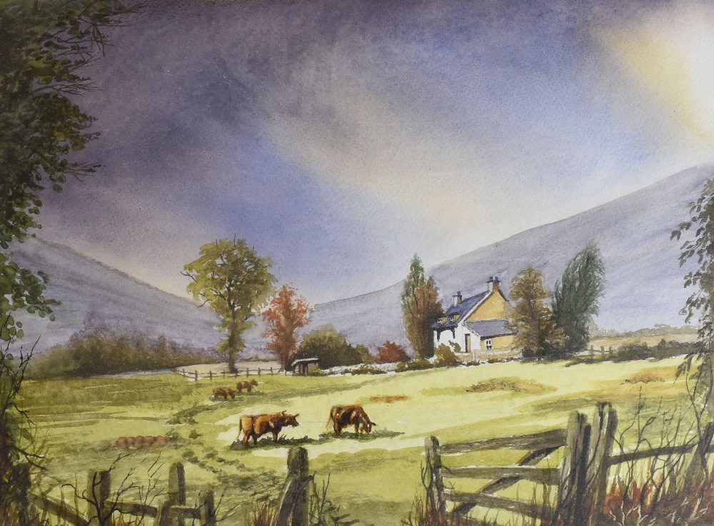 LLOYD REES watercolour - dark skies above cattle grazing, entitled verso 'Approaching Storm farm