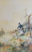 C.H.C. BALDWIN watercolour - young child picking flowers on riverbank with mother looking on, signed