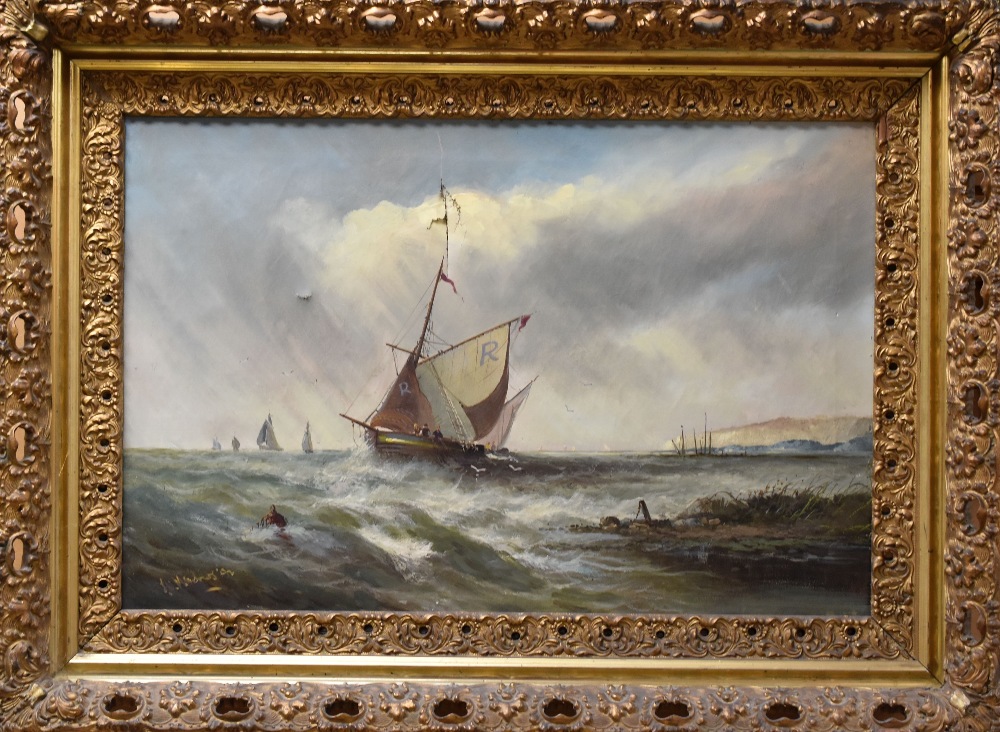 MEADOWS oil on canvas - sailing boat with fisherman off the coast and further sails on the - Image 2 of 2