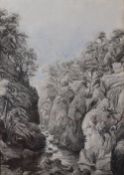 NINETEENTH CENTURY BRITISH SCHOOL pencil drawing - river scene in gorge, unsigned, circa 1870, 35