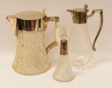 A STERLING SILVER & GLASS CLARET-JUG, AN EPNS & CUT-GLASS SIMILAR AND A SILVER & CUT GLASS SCENT