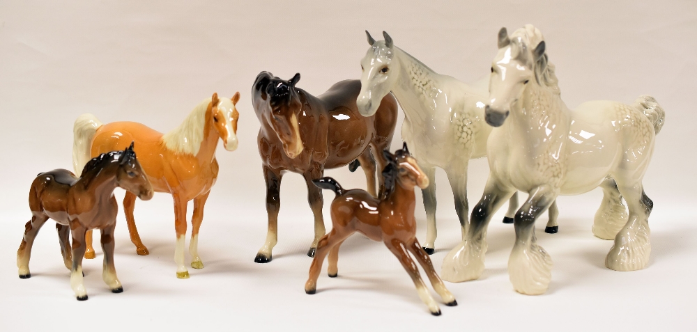 A GROUP OF SIX BESWICK HORSES including dappled grey shire horse, dappled grey standing horse etc