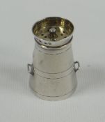 A VICTORIAN NOVELTY SILVER MINIATURE PEPPERETTE IN THE FORM OF A MILK-CHURN, Chester 1891, by