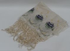 A LADIES` EDWARDIAN SILK SCARF embroidered with the suffragette movement colours