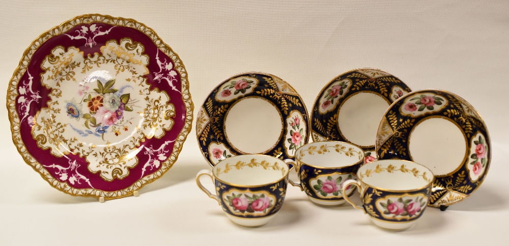A SPODE 'FELSPAR' PORCELAIN DESSERT PLATE TOGETHER WITH A MATCHING SET OF THREE SPODE CUP AND