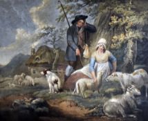 W.S. REYNOLDS coloured engraving - shepherd and female sitting under tree with sheep, entitled '