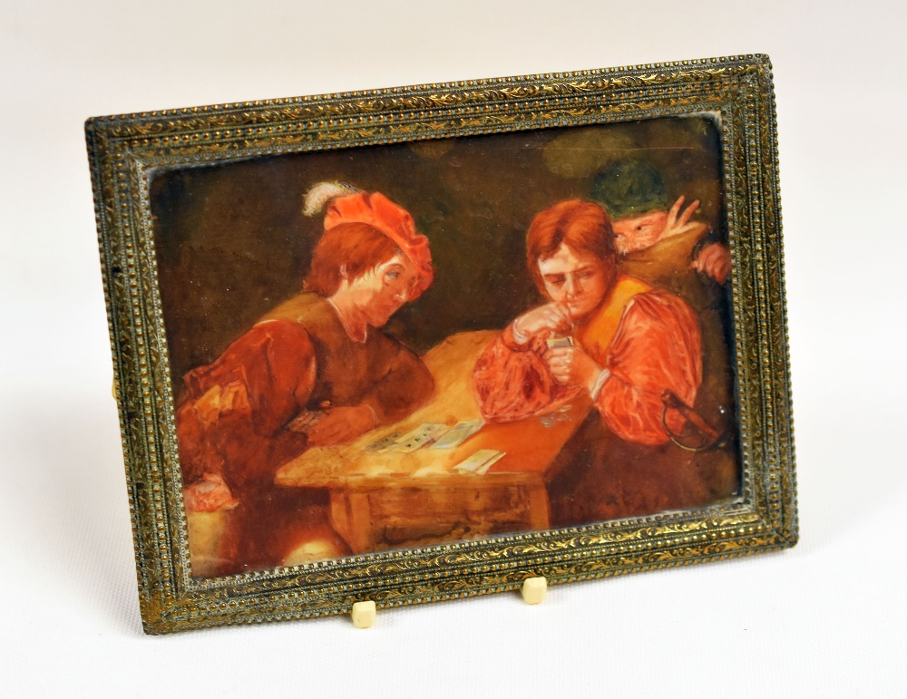 MINIATURIST painting on panel - two seated figures playing cards with another figure assisting one