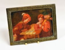 MINIATURIST painting on panel - two seated figures playing cards with another figure assisting one