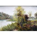 GEORGE WILLIS PRYCE oil on board - lakeside view with trees, signed, 19 x 26cms