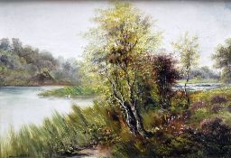 GEORGE WILLIS PRYCE oil on board - lakeside view with trees, signed, 19 x 26cms