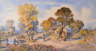 ENGLISH SCHOOL watercolour - figure walking beside cottage in a landscape with trees, indistinctly