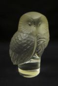 A MODERN LALIQUE GLASS OWL MASCOT in frosted and clear glass, etched mark 'Lalique France', 8cms
