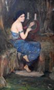 SIMON MOUNCEY oil on canvas - classical view of a female seated playing a lyre above a pool of