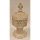 A MINTON PARIAN MODEL OF A BAPTISMAL FONT AND COVER, of octagonal form, moulded with Gothic arches