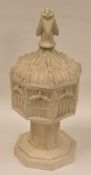 A MINTON PARIAN MODEL OF A BAPTISMAL FONT AND COVER, of octagonal form, moulded with Gothic arches