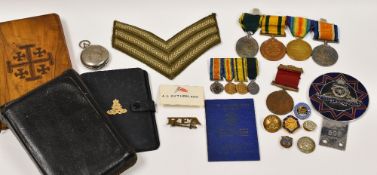 WWI MEDAL GROUP, MINIATURES & ITEMS TO SCOTSMAN 'SJT D SUTHERLAND RA' late of 130 Hatton Gardens,
