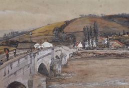 ROBERT THOMAS LANDELLS watercolour - three arched stone bridge over river with figures walking,