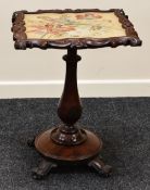 VICTORIAN ROSEWOOD FIRE-SCREEN TABLE with cross-stitched image of a parrot on a flowered branch