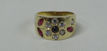 UNUSUAL 14ct GOLD HEAVY BAND RING, flower set with diamonds and rubies, 6.3gms