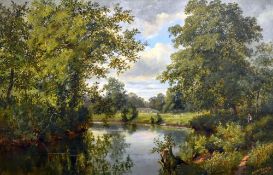 WALTER WALLON CAFFYN (1845 - 1898) oil on canvas - woodland pool with figure on a bank and bridge