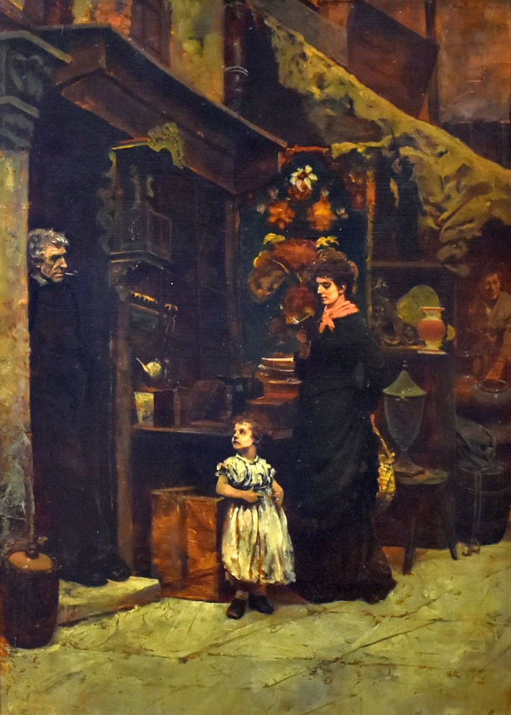 BEATRICE MEYER oil on panel - figures including child outside a bazaar, entitled on Cardiff