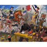 KEVIN SINNOTT oil on canvas - montage of American history with reference to Boston Tea Party,