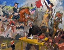 KEVIN SINNOTT oil on canvas - montage of American history with reference to Boston Tea Party,