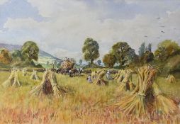 W MEASAM watercolour - harvesters working in a field with stooks of corn, signed, 24 x 34cms