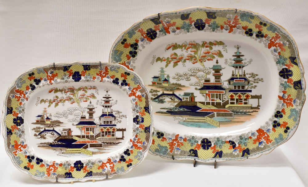 LARGE NINETEENTH CENTURY STAFFORDSHIRE MEAT PLATTER AND MATCHING SMALLER multi-coloured decorated in